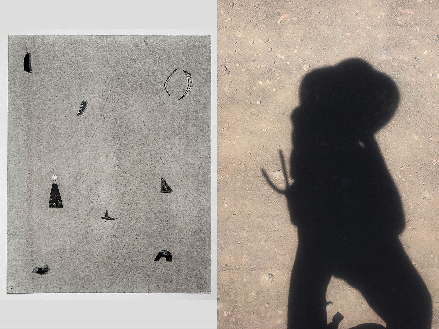 Photograph of Dionne Lee's artwork alongside a photograph of Dionne Lee's shadow cast on the ground. 