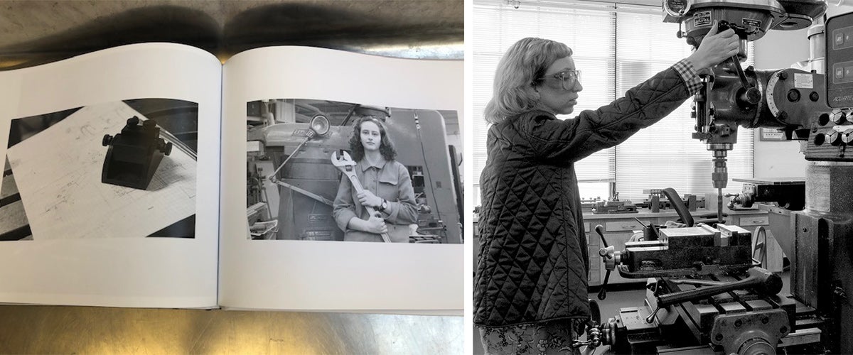 Black and white photos of women in machine shops