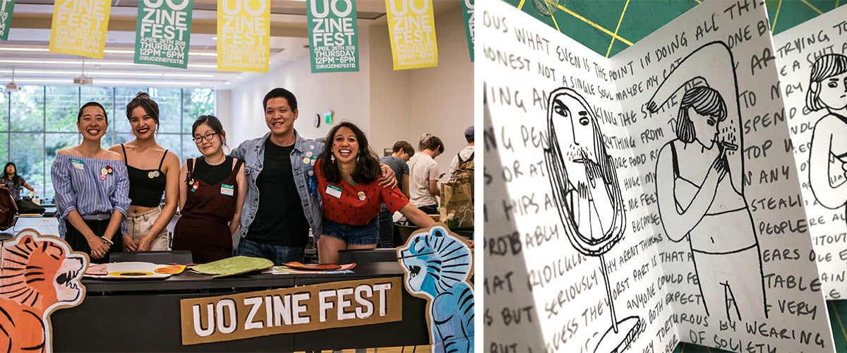 Group of students at UO Zine Fest and a page of a zine