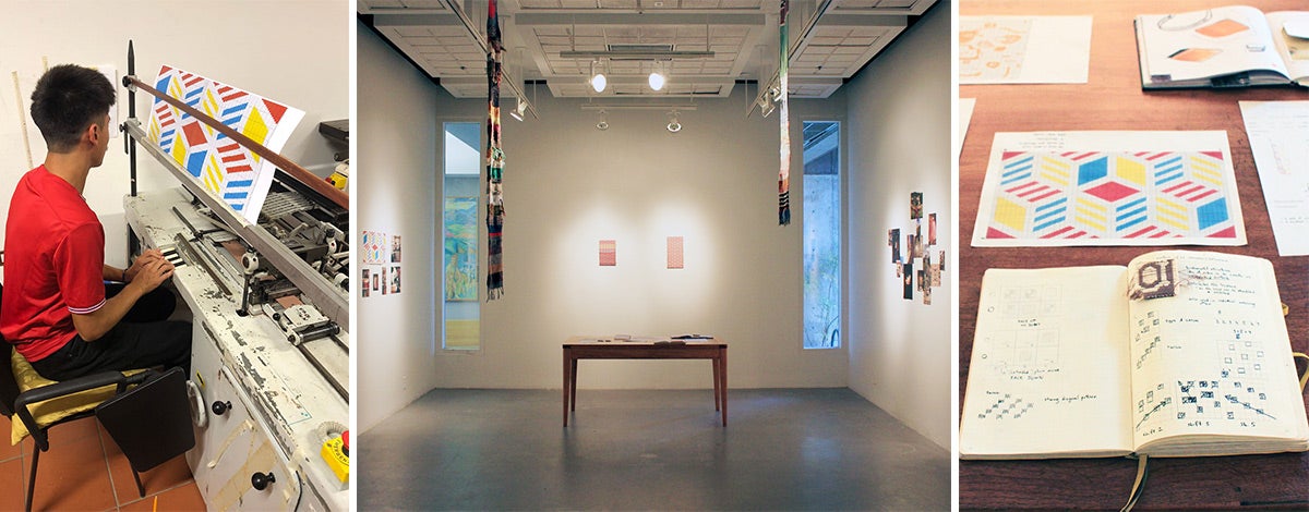 Photo collage of Xander weaving and textiles on display