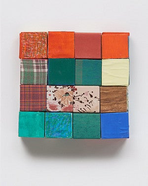 Bishop Road-Hess Road. 2011, wooden blocks, flannel, dress fabric, paper, flashe acrylic, house paint, oil pastel, 14.25 x 14.25 x 3.25 inches. Photo by Phoebe d'Heurle.