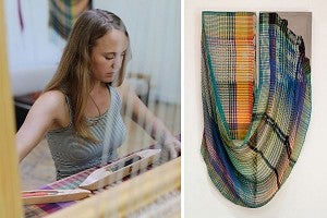 a photo of a woman weaving and a fiber artwork
