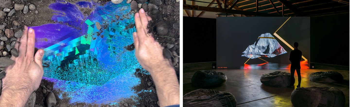 Two-up of Rick Silva's work. The following caption describes the piece: Rick Silva, (left to right) "Liquid Crystal," 2023. Series of 7 30 second videos, no sound. Commissioned by Whitney Museum of American Art for Sunrise / Sunset series; "Peaking," 2022. 4K video, 25 min. Installation at Oregon Contemporary. Photo: Mario Gallucci.