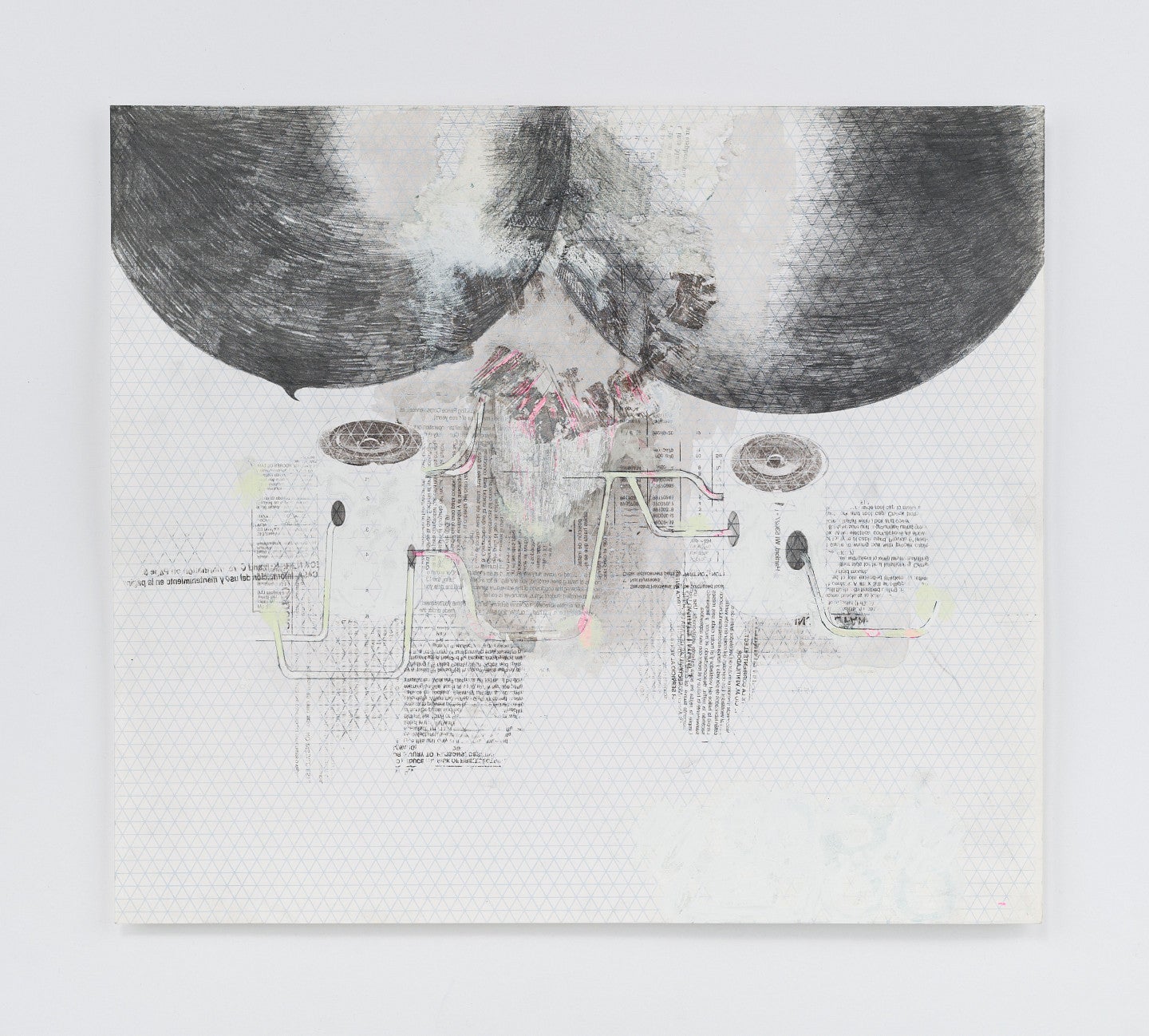 Untitled, 2023, Mechanical and manual drawing on screen printed paper, collage, mixed media