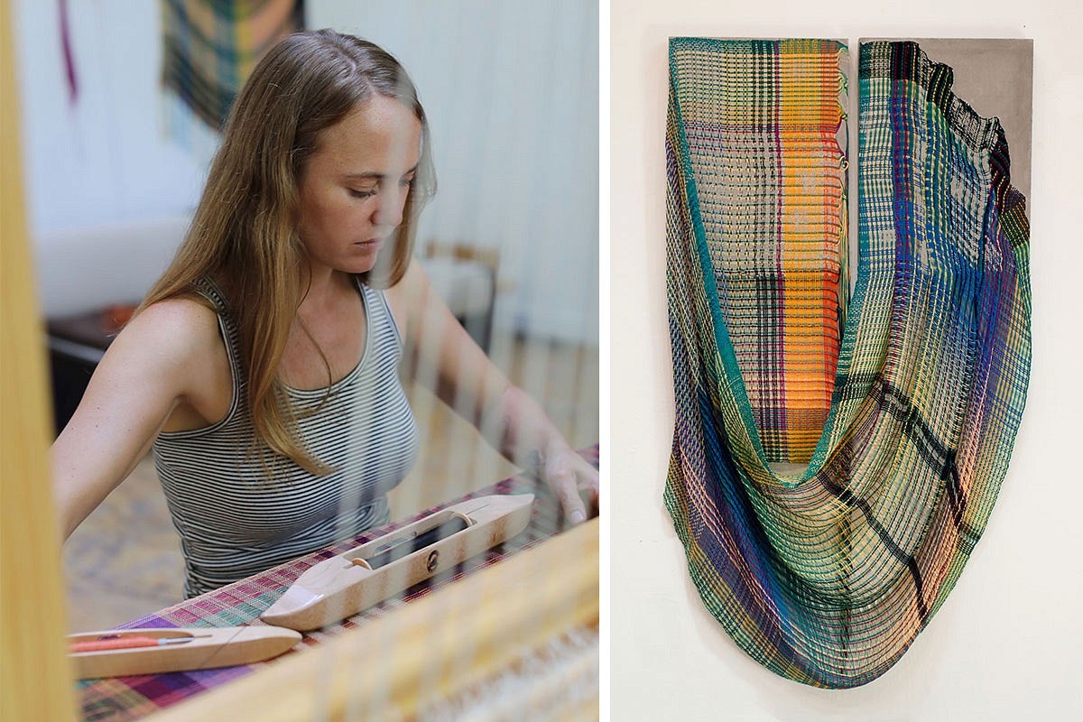 a photo of a woman weaving and a fiber artwork