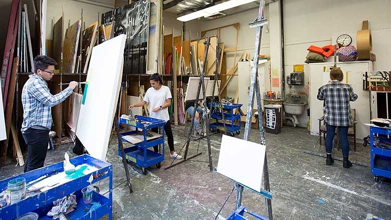 Students painting in a studio