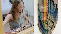 Photo of a woman weaving and of fiber art