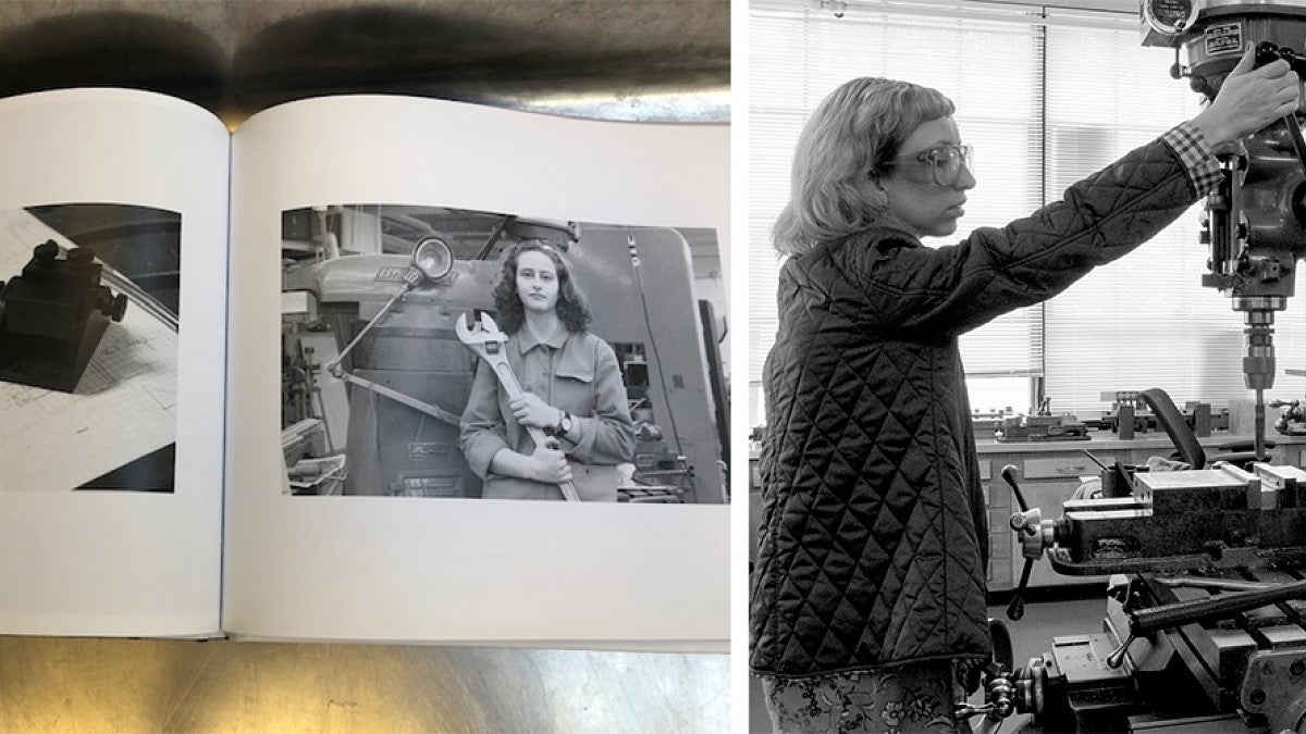 Black and white photos of women in machine shops