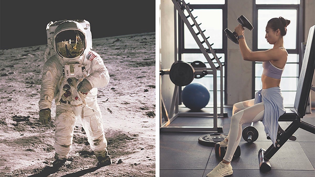 astronaut and woman working out