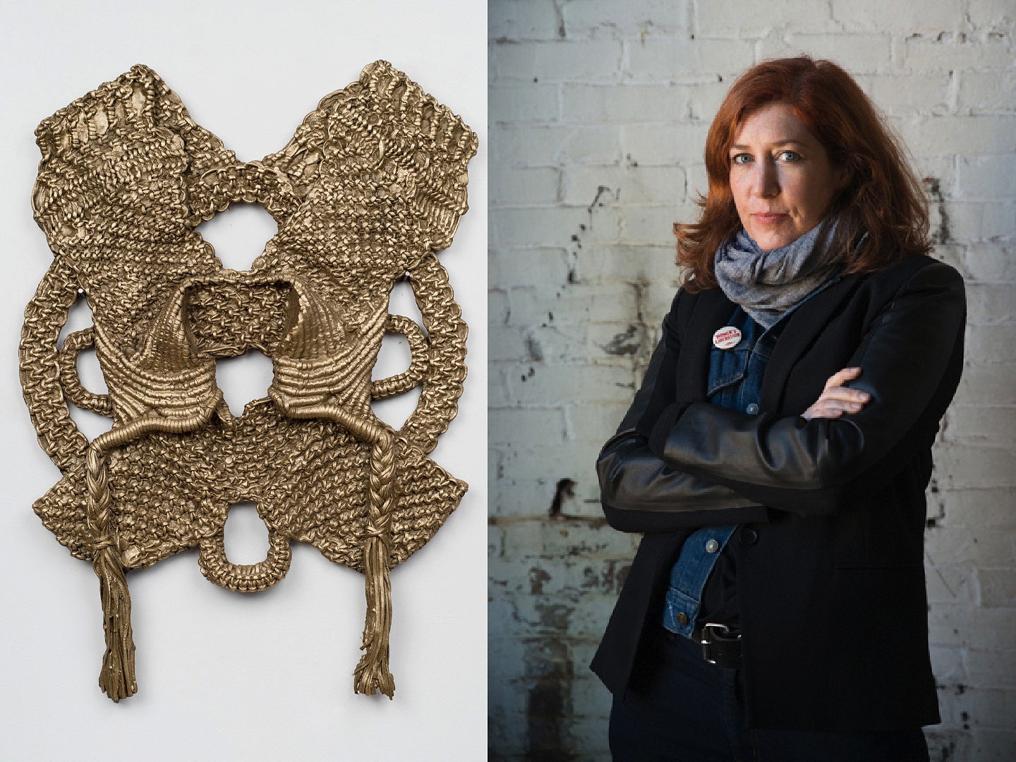 VALS page header showcasing artist Jesse Harrod on the right and a work on the left. The work is a fabric construction, gold in color and looks similar to a vest. Jesse is looking into the camera in front of a white painted brick wall.