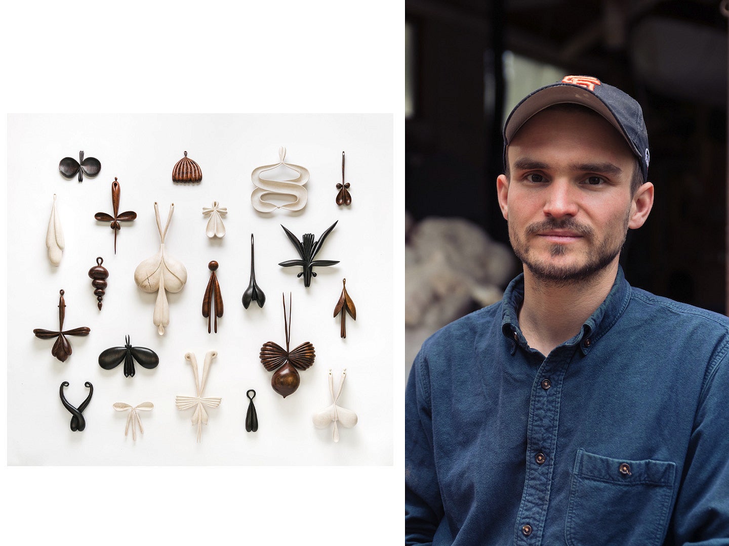 Two up of artist Julian Watts and a photo of a number of different works. Julian is featured to the right, in a baseball cap, denim shirt, bearded, in front of a barn or other outdoor structure. 