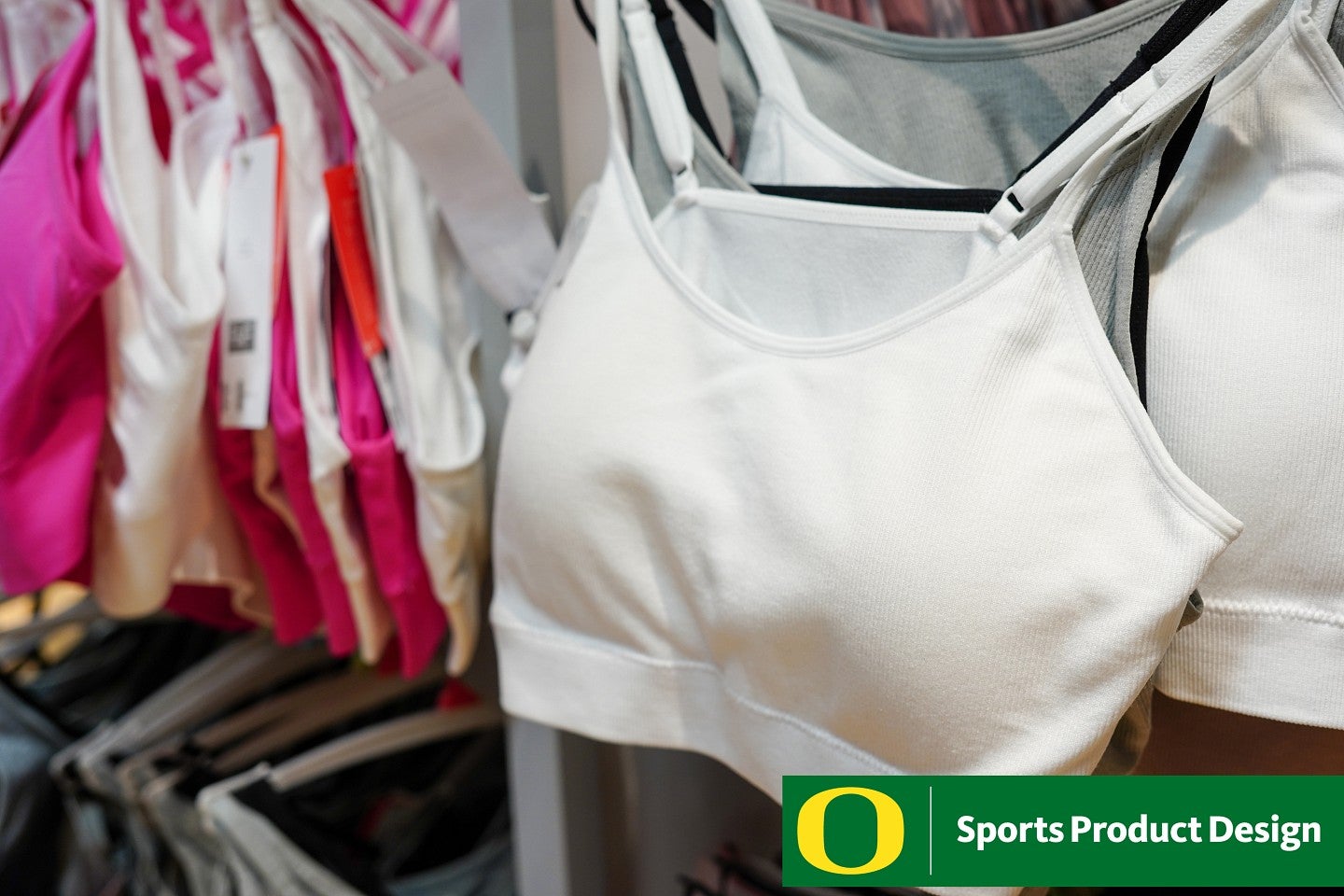 News Header for the Susan Sokolowski story. Shows a shopping rack of sports bras. 