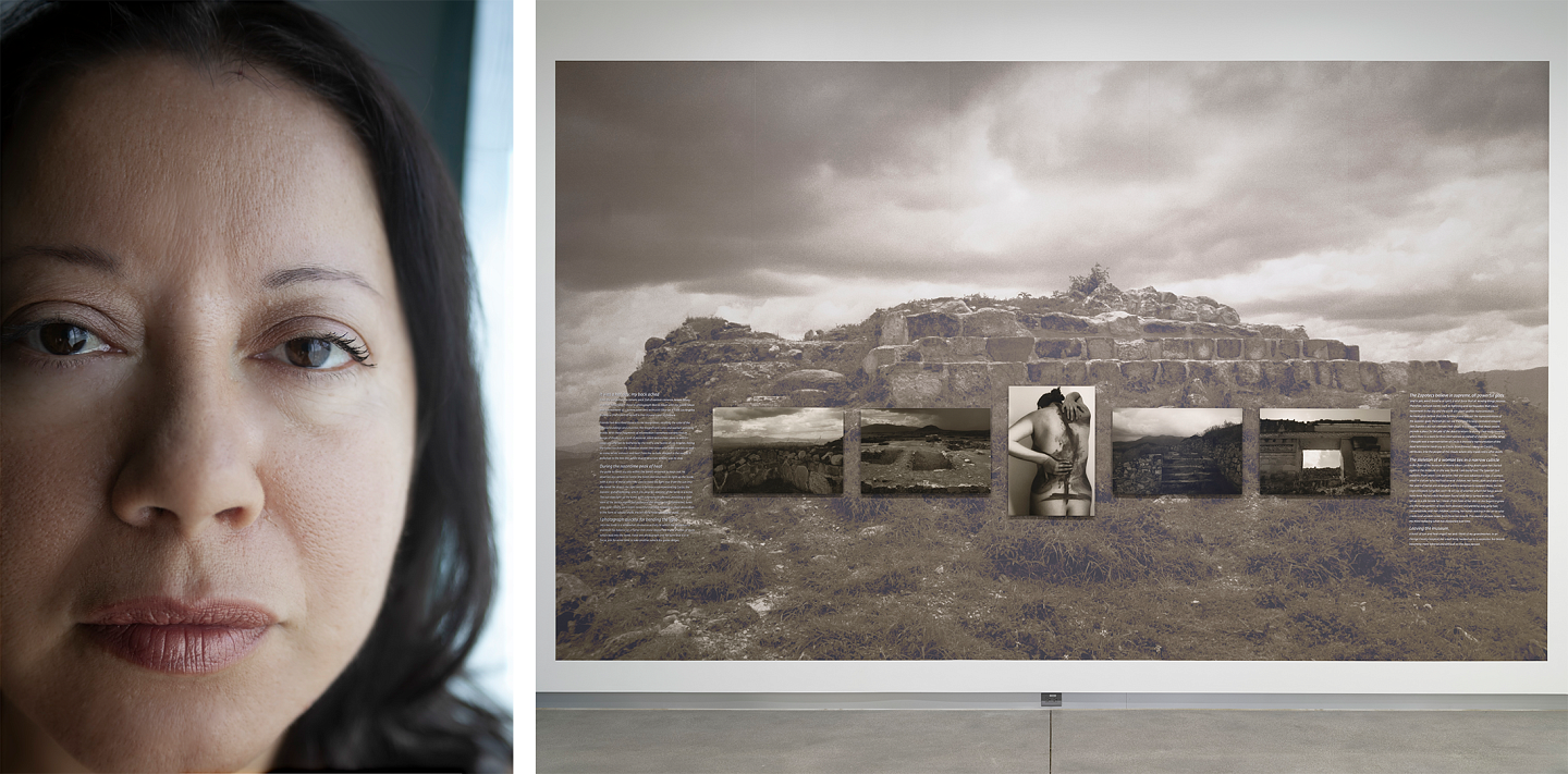 Headshot of Christina Fernandez and collage of grassy ruins. Centered among the ruins is an image of a naked woman turned around with mud or paint spread from her neck to her buttocks. The substance starts messily, but becomes more linear and detailed the lower it goes.