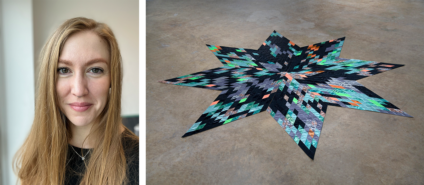 Headshot of Sarah Nance and her mylar, large, quilted, 8-pointed star. The star is composes of small orange, black, turquoise, and green diamond patterns.