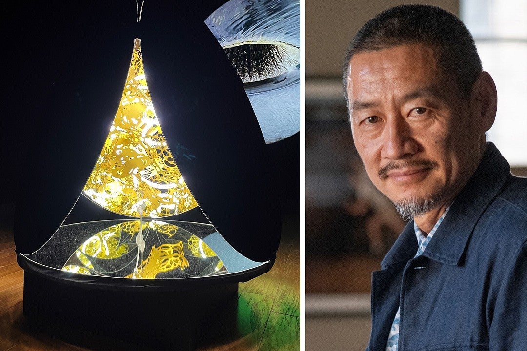Fred H.C. Liang and his work, "Everything Everywhere at Once", close-up installation view.