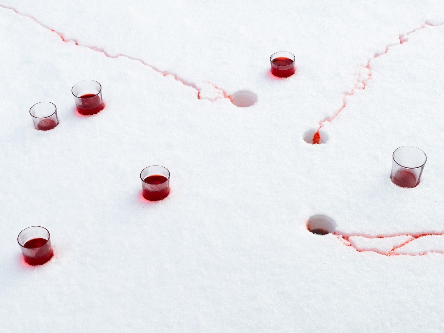 Photograph of red vials in the snow. 