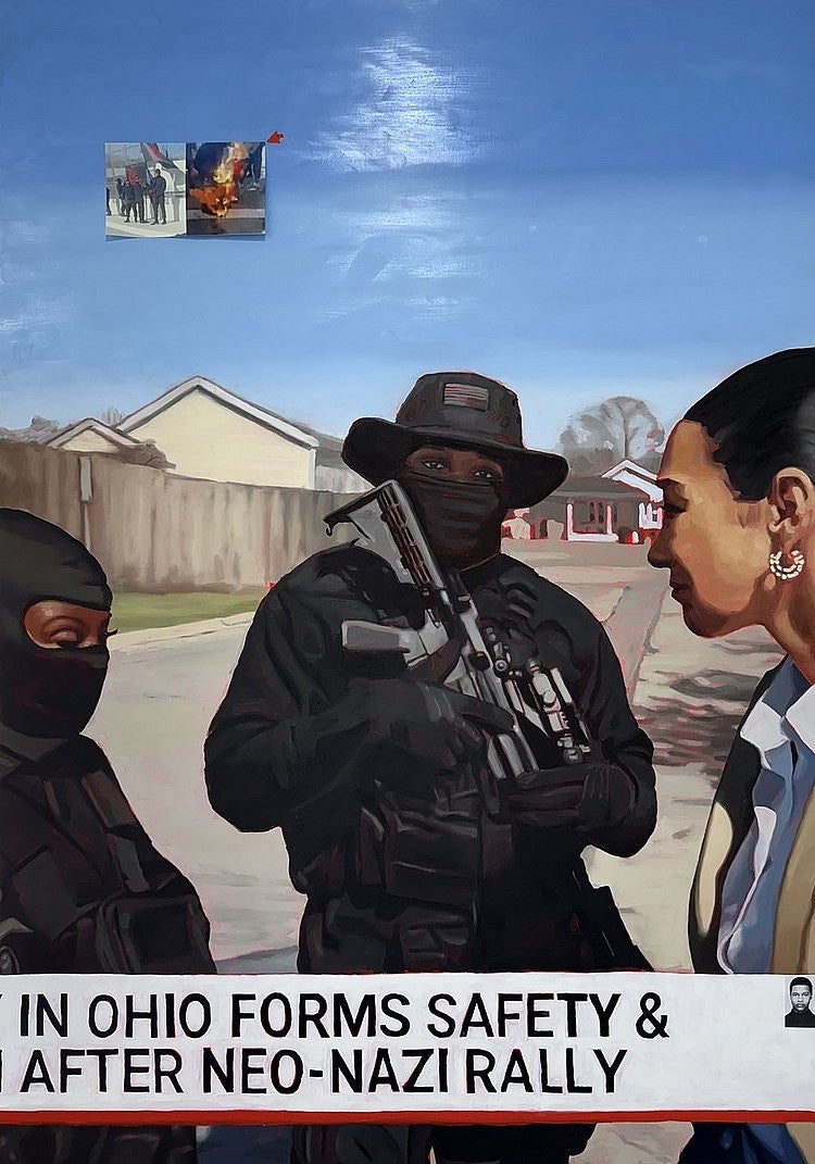 Painting of black people armed to defend their community in a news interview. 