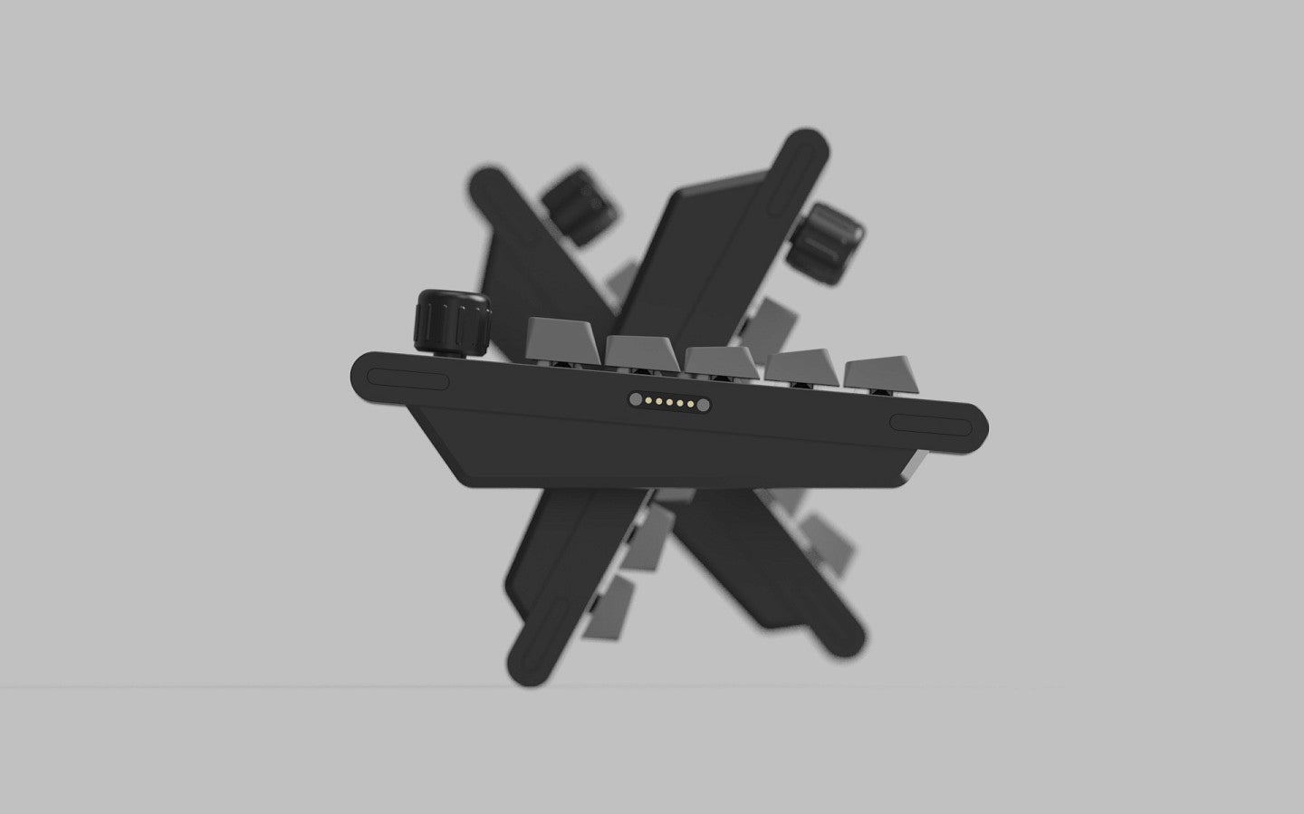 Rendering of the Command Deck keyboard. Shows a side view of the keyboard and different rotations. 