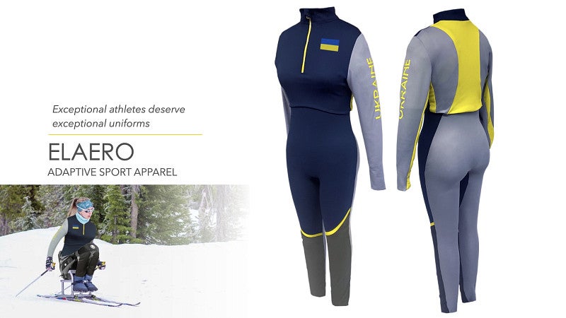 Navy, gray, and yellow snowsuit that has Ukranian text and patch. A disabled female athlete is sitting while skiing with the snowsuit on. Text says: Exceptional athletes deserve exceptional uniforms.