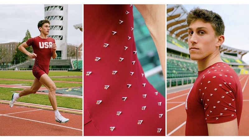Different angles of a track athlete wearing a red Team USA speedsuit. There are special ventilation perforations along the arms, shoulders, and sides of lower trunk.
