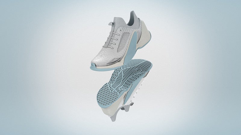 Original white sneaker design with a baby blue sole and side panel. The materials appear to be a foam and mesh upper, and rubber outsole, and a super-foam midsole.