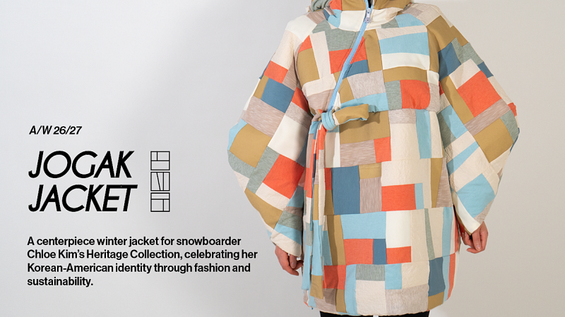 A large, poofy winter coat with a patchwork design in the colors sky blue, dark blue, tan, cream, white, orange, and gray. Text reads: Jogak Jacket. A centerpiece winter jacket for snowboarder Chloe Kim's heritage collection, celebrating her Korean-American identity through fashion and sustainability.