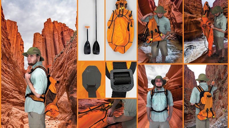 Several images of a man in a wet, canyon-type environment wearing a bright orange, waterproof backpack with black accents.