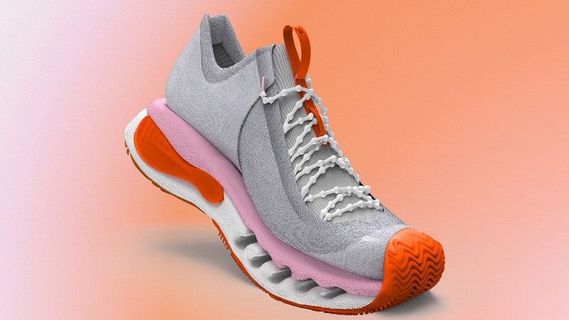 Unique sneaker design. Fabric upper with beaded laces to keep them in place. Pink and white midsole with horizontal hole spaces, orange sole and accents.