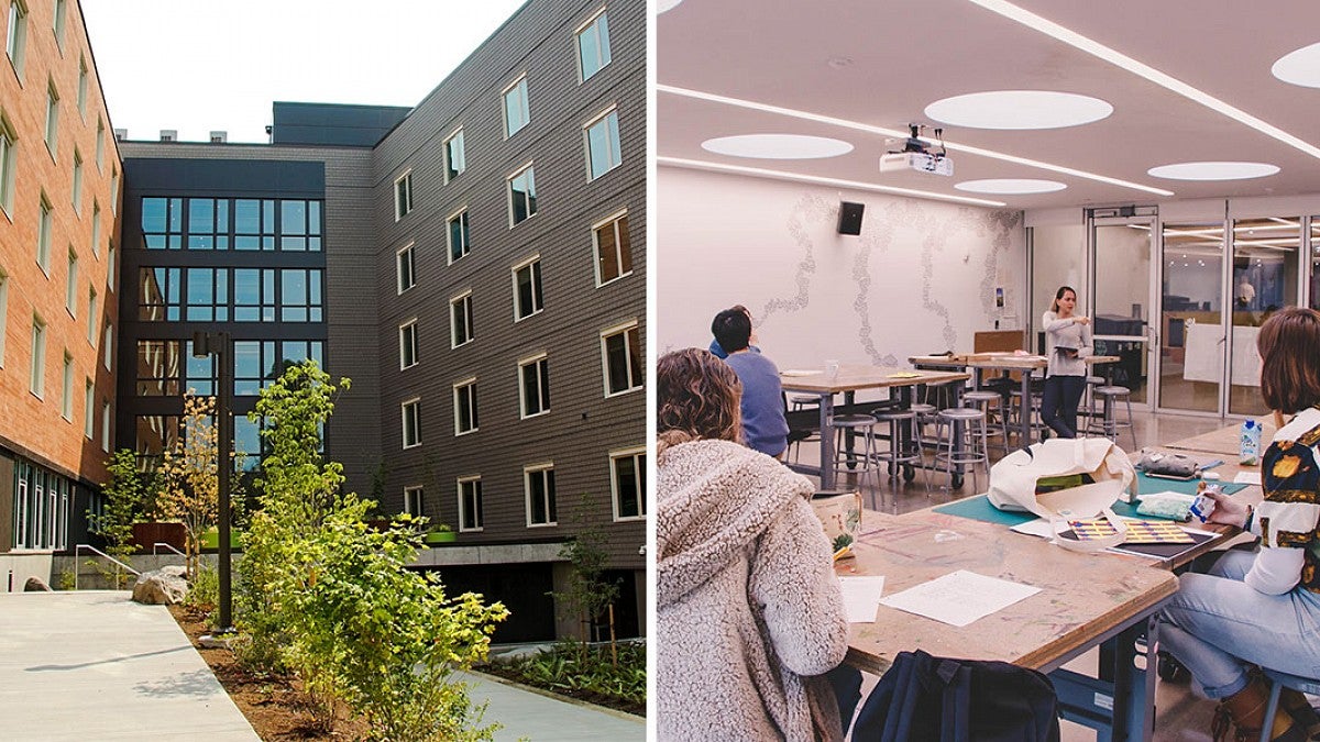 Photos of a building and a classroom