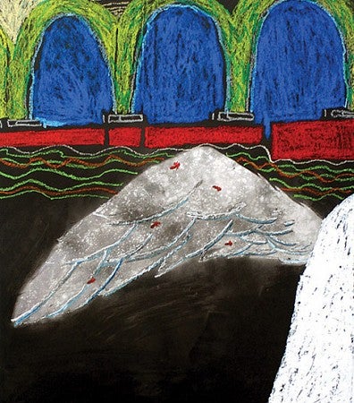 Wing Mite Steals the Show by Matt Christy: oil pastel and pastel powder on paper, 24 x 48 in