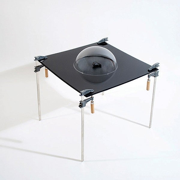 fossilized inner ear bone of a whale, sound proof acrylic dome, rubber, plexiglass, bar clamps, 26 in x 2 feet x 2 feet